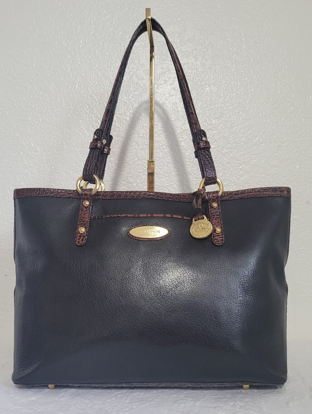 Brahmin Amo Tuscan Black With Brown Croc-Embossed Leather HandBag W Buttom Studs